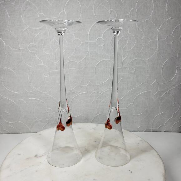 Heart Champagne Flutes 11.5" Red Bohemia Blown Glass Wedding Toast Set of 2 - Picture 16 of 16